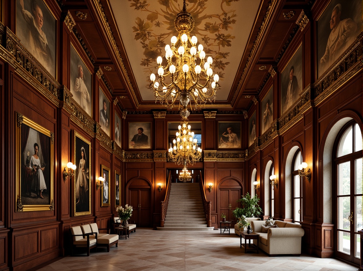 Prompt: Grandiose chandeliers, intricately carved wooden panels, ornate mirrors, gilded moldings, velvet drapes, luxurious furnishings, golden accents, marble floors, grand staircases, sweeping arches, opulent ceiling murals, dramatic lighting effects, warm candlelight, 1/1 composition, shallow depth of field, realistic textures, ambient occlusion.