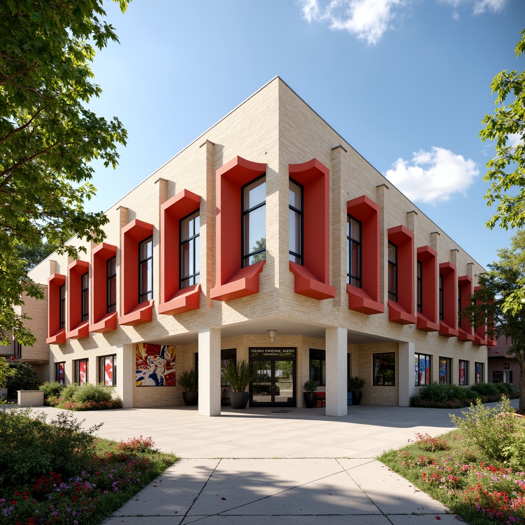 Prompt: Geometric middle school building, constructivist facade design, bold red accents, cream-colored brick walls, prominent pilasters, ornate metal doorways, stylized concrete columns, graphic patterned windows, abstract mural artworks, educational signage, lively courtyard, vibrant greenery, blooming flowers, sunny day, warm natural lighting, shallow depth of field, 3/4 composition, panoramic view, realistic textures, ambient occlusion.