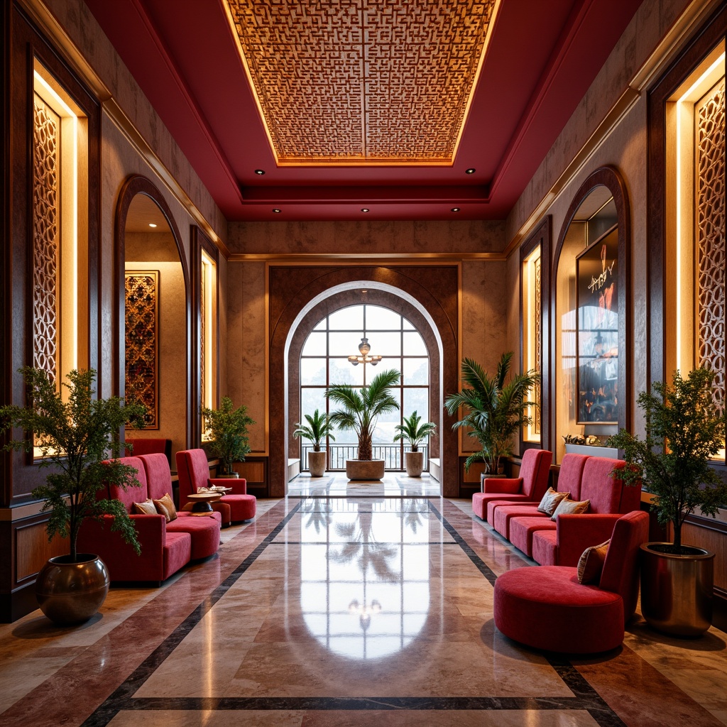 Prompt: Vibrant modern interior, Arabic-inspired motifs, intricate geometric shapes, bold color contrasts, sleek metallic accents, polished marble floors, luxurious velvet fabrics, statement lighting fixtures, minimalist decor, futuristic ambiance, 3/4 composition, shallow depth of field, soft warm glow, ambient occlusion.