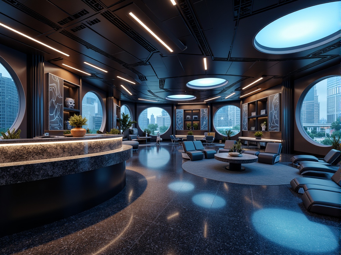 Prompt: Futuristic interior, granite countertops, metallic accents, sleek lines, minimalist decor, neon-lit ambiance, dark-toned walls, polished floors, angular furniture, high-tech gadgets, holographic displays, ambient lighting, 3D-printed decorations, robotic assistants, virtual reality interfaces, space-age textures, extraterrestrial-inspired color schemes, avant-garde architecture, cyberpunk aesthetics.