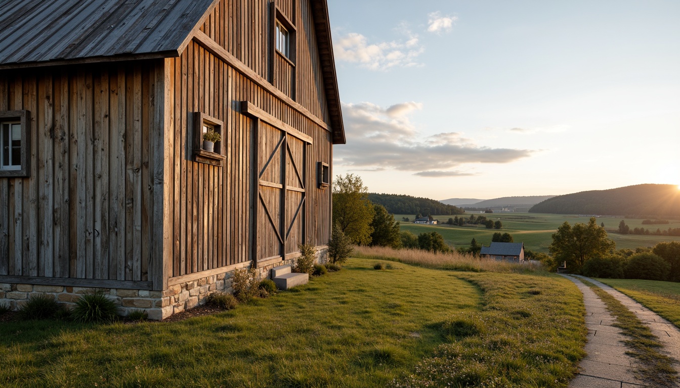 Prompt: Rustic barn, weathered wooden planks, earthy tones, muted greens, warm beige, distressed finishes, vintage metal accents, natural stone foundations, rolling hills, rural landscape, sunny afternoon, soft warm lighting, shallow depth of field, 3/4 composition, panoramic view, realistic textures, ambient occlusion.