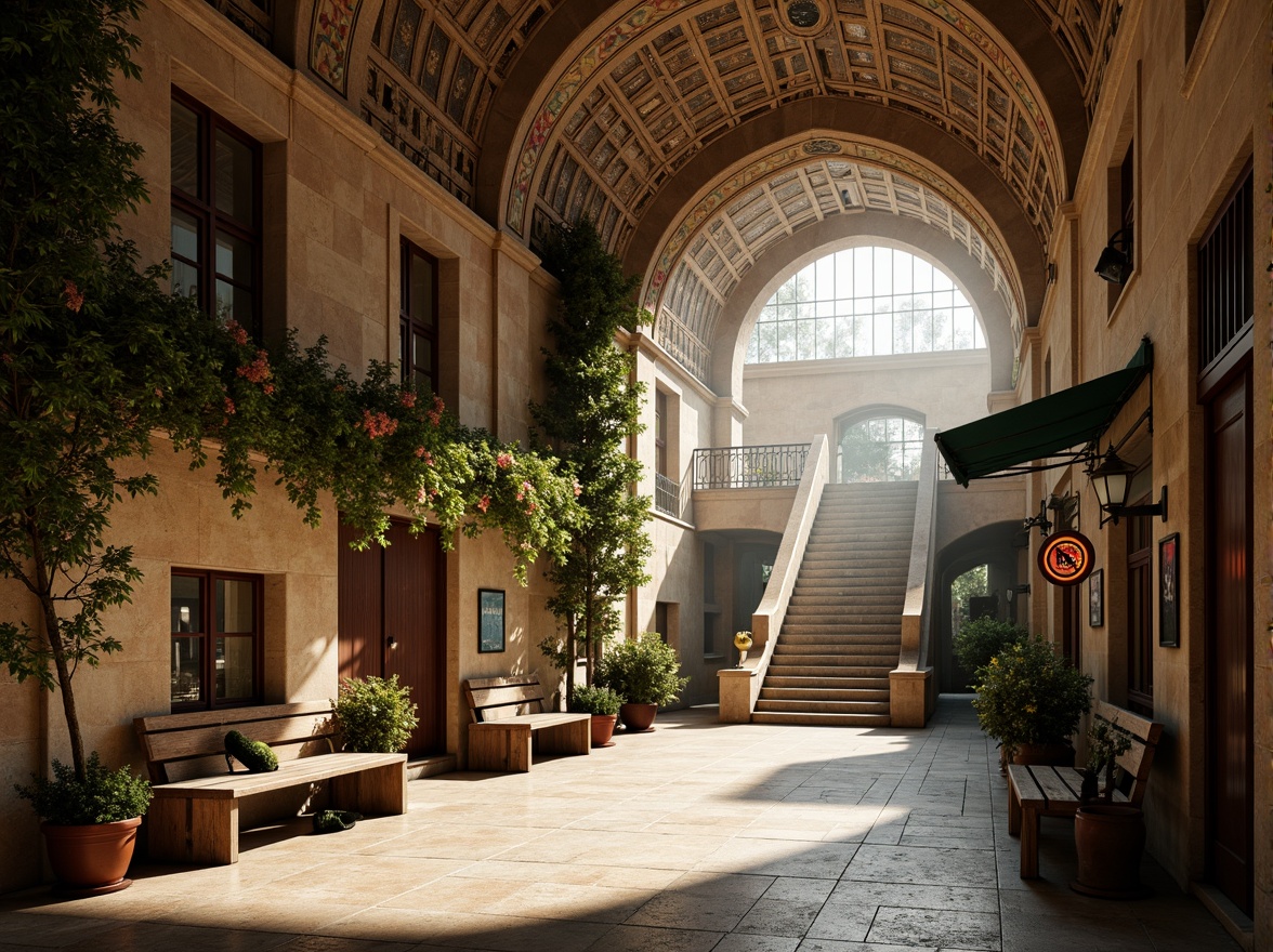 Prompt: Rustic metro station, Romanesque arches, weathered stone walls, ornate ironwork, grand staircases, vaulted ceilings, intricate mosaics, lush greenery, flowering vines, natural stone flooring, elegant benches, classic lampposts, warm golden lighting, shallow depth of field, 1/1 composition, symmetrical framing, realistic textures, ambient occlusion.