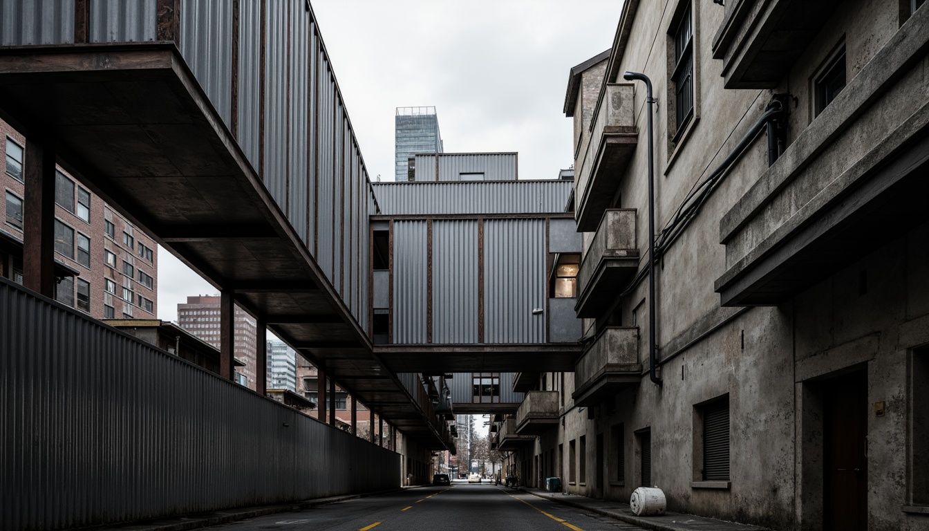 Prompt: Geometric metal frameworks, industrial pipes, distressed concrete walls, exposed ductwork, reclaimed wood accents, corrugated steel cladding, riveted metal panels, brutalist architecture, urban cityscape, overcast sky, dramatic lighting, high contrast shadows, abstract compositions, fragmented forms, deconstructed structures, monochromatic color scheme, cold industrial atmosphere, cinematic mood, low-angle photography, atmospheric fog, ambient occlusion.