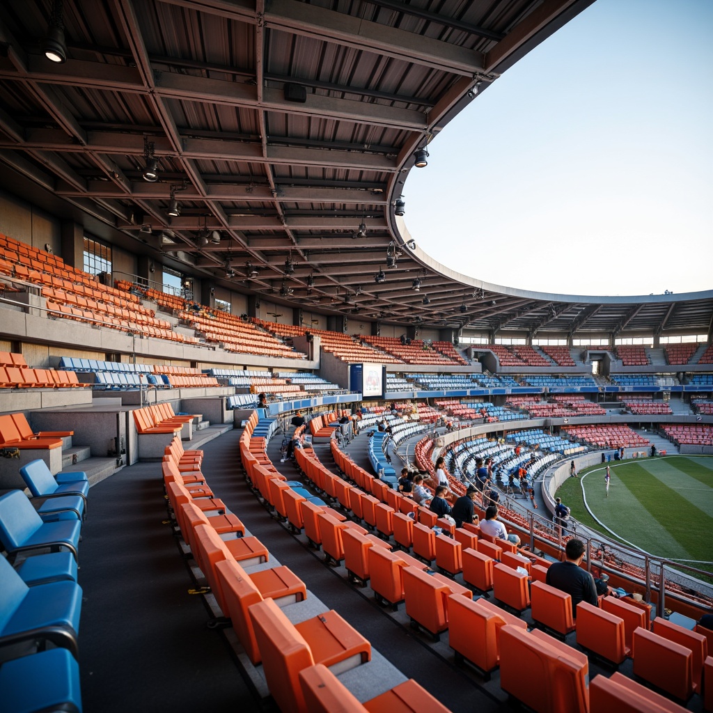 Prompt: Stadium seating area, modern curved bleachers, vibrant colored seats, ergonomic chair design, metallic framework, sleek handrails, dynamic lighting systems, futuristic architecture, panoramic views, open-air atmosphere, sunny day, soft warm glow, shallow depth of field, 3/4 composition, realistic textures, ambient occlusion, tiered spectator stands, elevated viewing platforms, interactive display screens, immersive audio experiences.