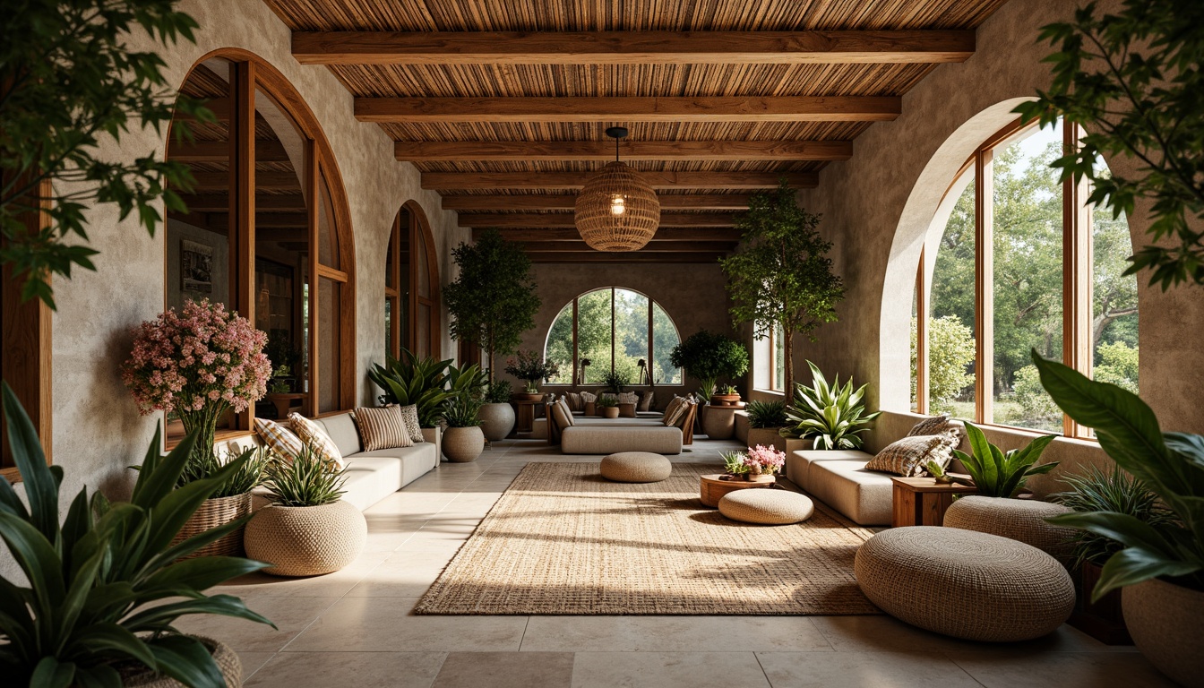 Prompt: Organic forms, botanical patterns, earthy tones, natural materials, woven textures, leaf-inspired accents, floral arrangements, wooden elements, stone walls, curved lines, soft warm lighting, shallow depth of field, 3/4 composition, panoramic view, realistic textures, ambient occlusion.