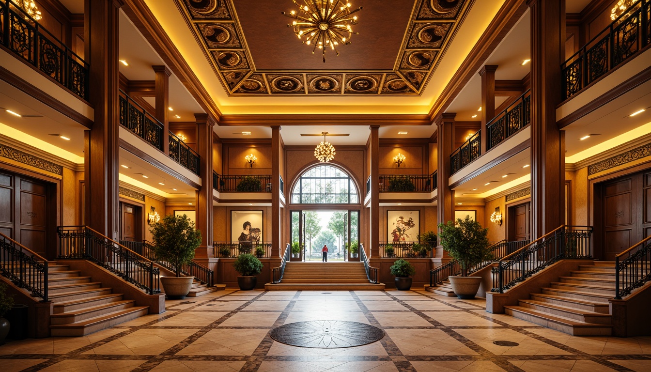 Prompt: Grand entrance, ornate columns, intricate carvings, lavish facades, decorative cornices, elegant archways, ornamental balconies, lavish balustrades, grand staircases, patterned flooring, inlaid marble, polished granite, rich wood accents, luxurious textiles, vibrant colors, ambient lighting, warm golden tones, soft shadows, 3/4 composition, symmetrical framing, realistic reflections, detailed ornaments.