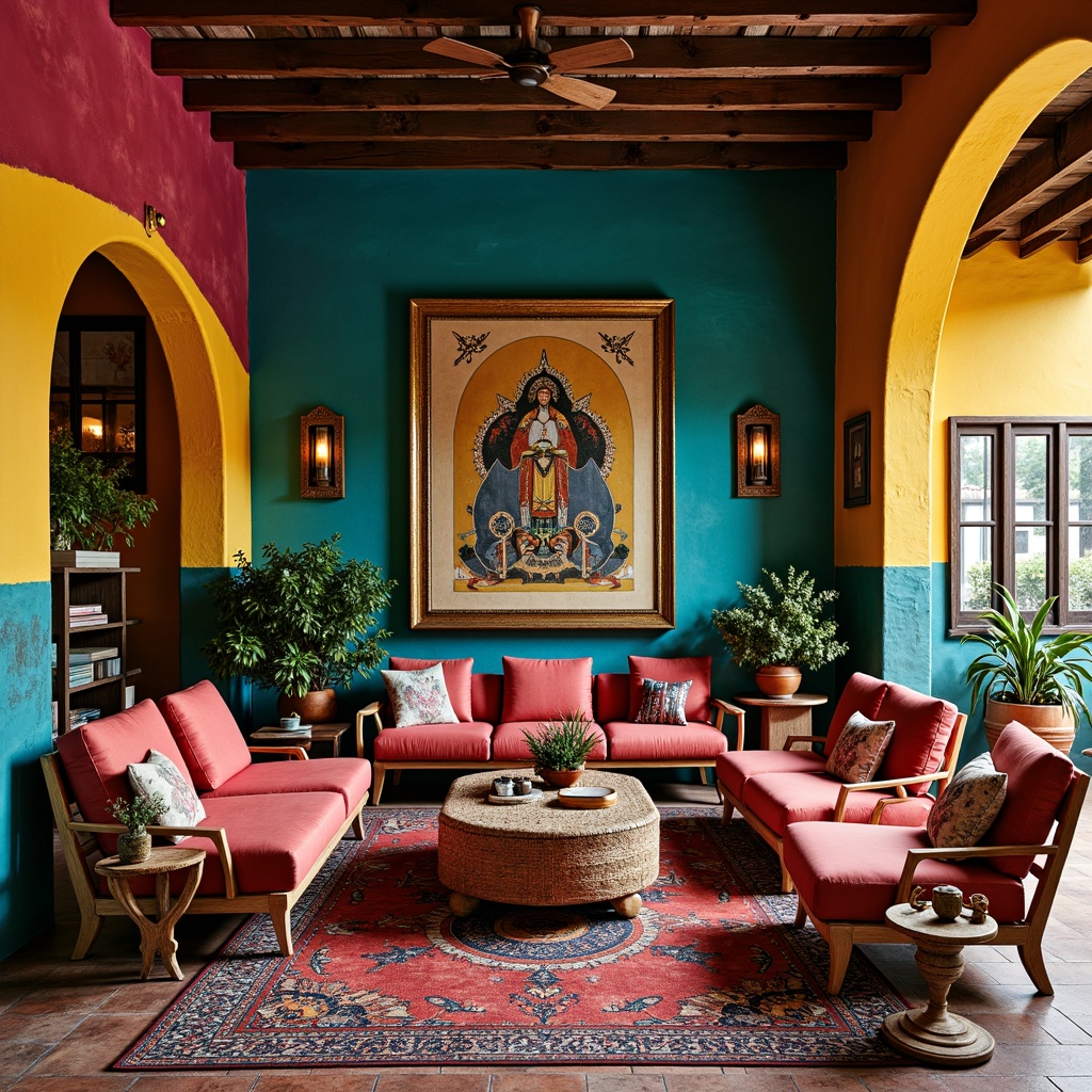 Prompt: Vibrant eclectic interior, rich jewel tones, bold contrasting colors, statement furniture pieces, vintage decorative items, distressed textures, ornate patterns, global cultural inspirations, Moroccan tiles, Indian prints, African wood carvings, eclectic art collections, natural materials, warm golden lighting, high ceilings, open floor plans, bohemian chic atmosphere.