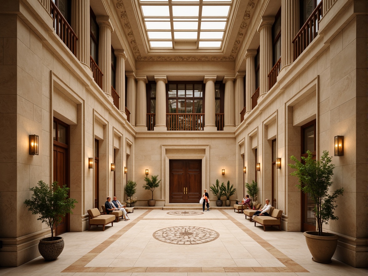 Prompt: Majestic courthouse, neoclassical architecture, grand entrance, ornate columns, symmetrical facades, balanced proportions, subtle color harmony, earthy tones, beige stone walls, creamy marble floors, rich wood accents, gilded details, elegant furnishings, sophisticated lighting, soft warm ambiance, shallow depth of field, 2/3 composition, realistic textures, ambient occlusion.