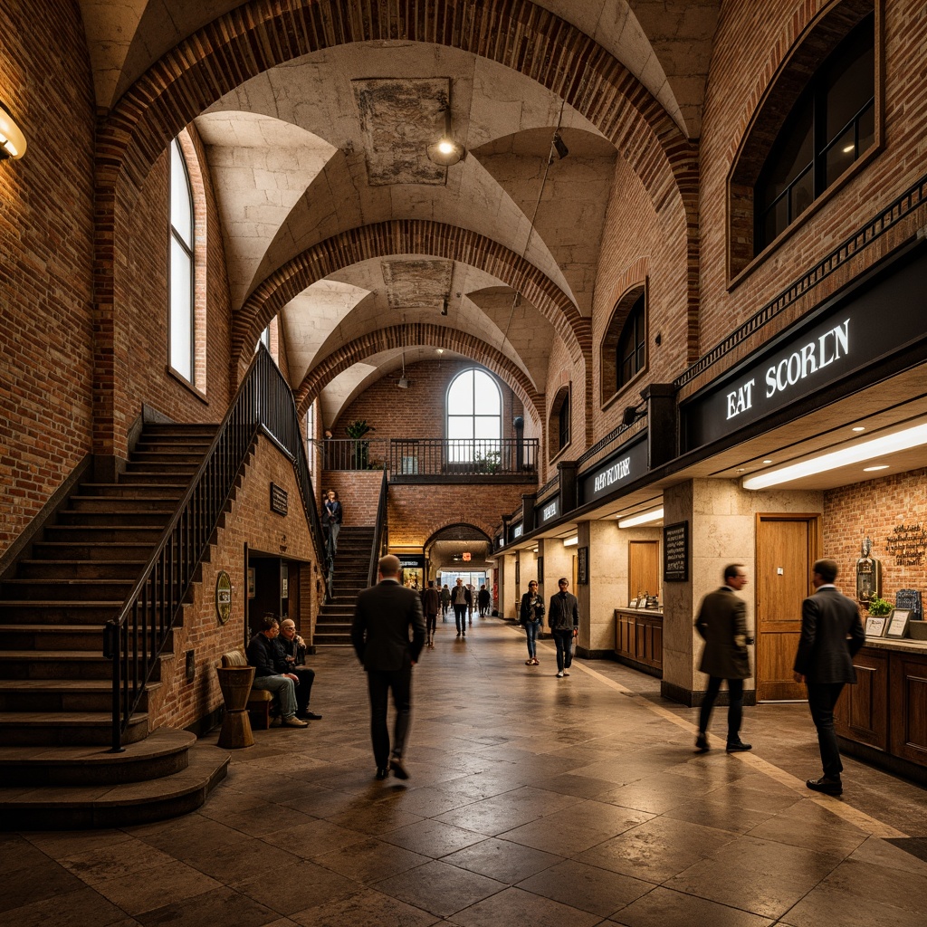 Prompt: Rustic metro station, ancient stone walls, arched ceilings, ornate carvings, grand staircases, brick vaults, heavy stone columns, intricate mosaics, warm ambient lighting, natural stone flooring, earthy color palette, Romanesque architectural style, historic references, industrial metal accents, modern transportation hub, busy urban atmosphere, shallow depth of field, 1/2 composition, realistic textures, ambient occlusion.