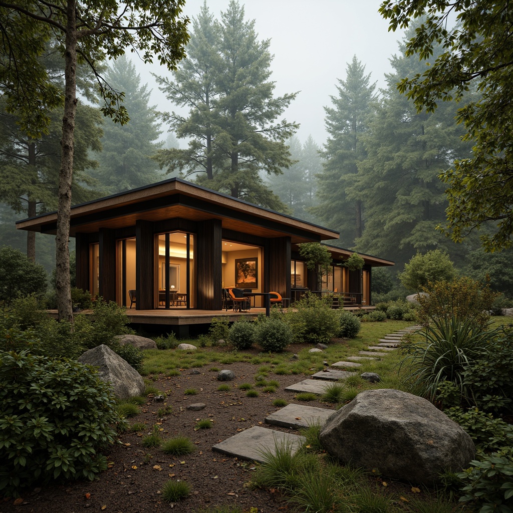 Prompt: Earthy olive tones, muted greenery, weathered wood accents, rustic metal details, natural stone textures, soft warm lighting, shallow depth of field, 3/4 composition, panoramic view, realistic earthy materials, ambient occlusion, cozy cabin-inspired architecture, secluded forest surroundings, misty morning atmosphere, serene wilderness landscape.