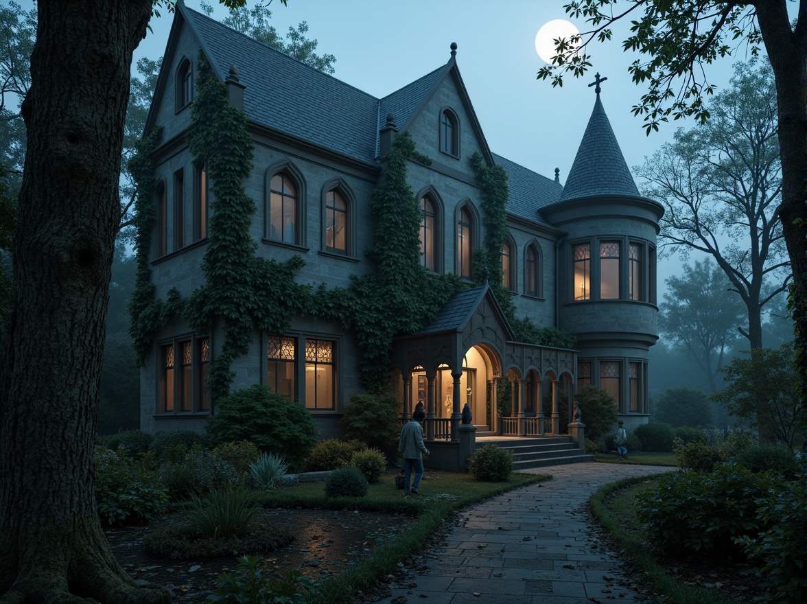 Prompt: Mysterious Gothic mansion, rugged stone walls, overgrown ivy, grandiose arches, intricate carvings, stained glass windows, mystical foggy atmosphere, misty moonlit night, dramatic lighting, eerie shadows, ancient trees, twisted branches, winding paths, ornate iron gates, mysterious ruins, forgotten artifacts, moss-covered statues, mystical ambiance, cinematic composition, high contrast ratio, detailed textures, subtle color grading.