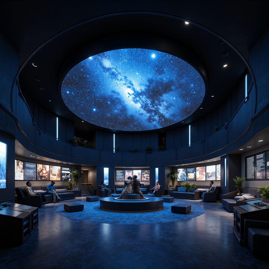 Prompt: Celestial planetarium dome, sleek modern architecture, minimalist interior design, dark blue-gray color scheme, starry night sky projection, ambient soft lighting, subtle LED strip lights, spherical seating arrangement, interactive exhibit displays, futuristic control panels, metallic accents, glass railings, polished concrete floors, diffused overhead lighting, 1/1 composition, realistic textures, ambient occlusion, dramatic spotlighting, gradual fade-in effects.Let me know if this meets your expectations!