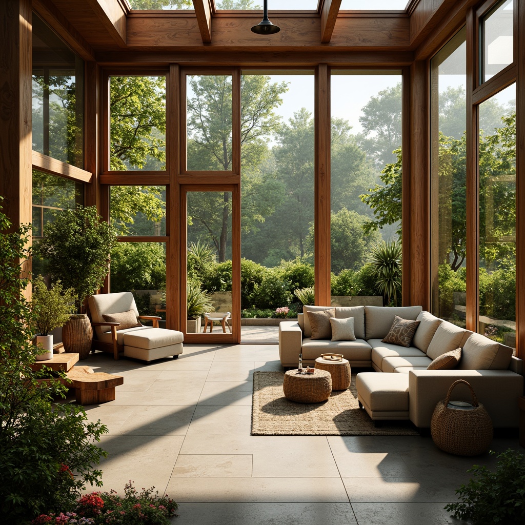 Prompt: Cozy modern interior, large windows, sliding glass doors, natural stone floors, wooden accents, lush greenery, vibrant flowers, soft warm lighting, indirect sunlight, clerestory windows, skylights, open floor plan, minimalist decor, earthy color palette, textured fabrics, woven baskets, organic shapes, 1/1 composition, shallow depth of field, realistic textures, ambient occlusion.