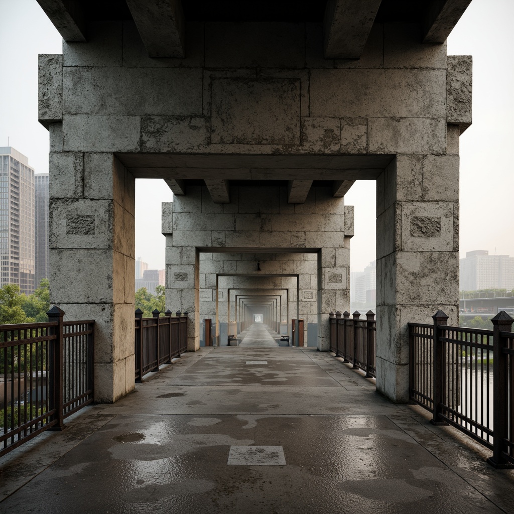 Prompt: Rugged brutalist bridge, exposed concrete surfaces, rough rock-like textures, industrial metal railings, weathered steel beams, distressed wood accents, urban cityscape background, misty atmospheric conditions, soft warm lighting, shallow depth of field, 1/1 composition, realistic material renderings, ambient occlusion.