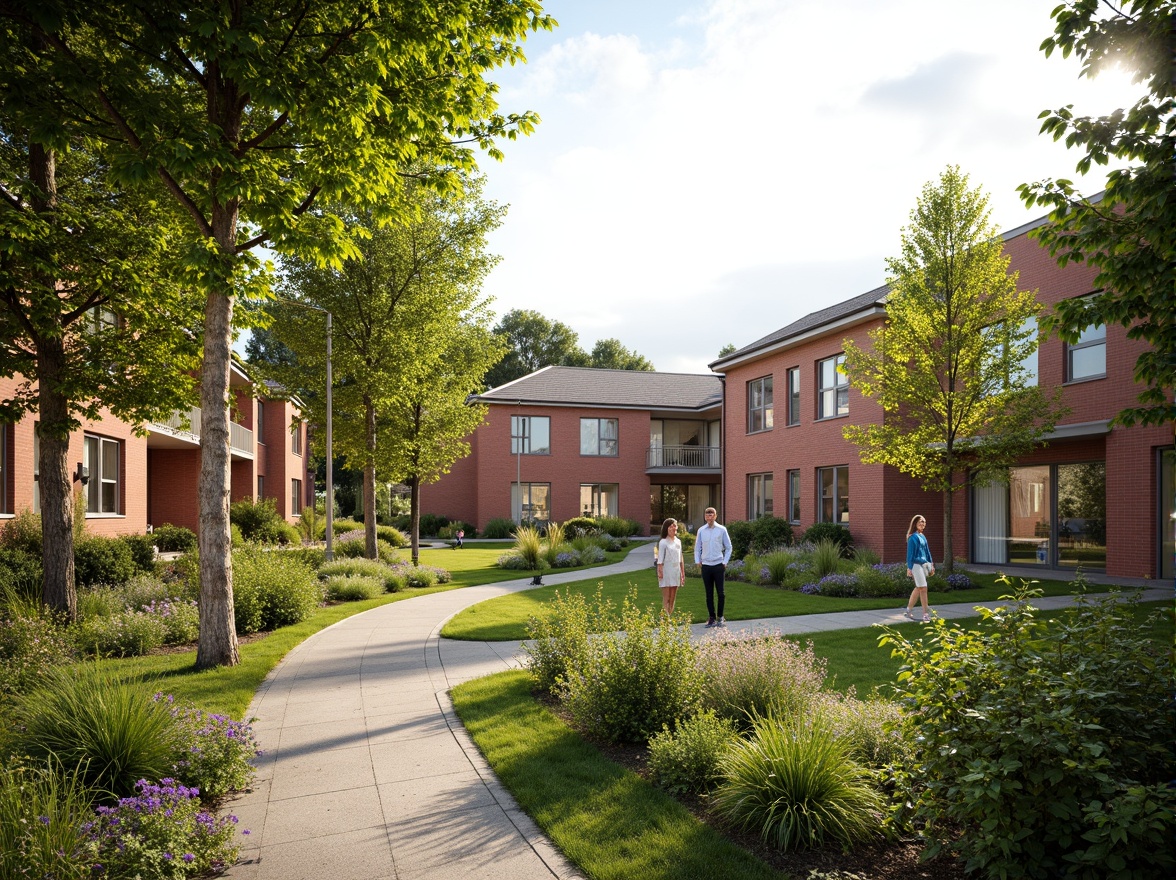 Prompt: Harmonious school complex, natural surroundings, lush greenery, mature trees, winding pathways, educational signage, brick fa\u00e7ade, modern architecture, large windows, glass doors, blooming flowers, sunny day, soft warm lighting, shallow depth of field, 3/4 composition, panoramic view, realistic textures, ambient occlusion, integrated rainwater harvesting system, solar panels, green roofs, eco-friendly materials, innovative cooling technologies, shaded outdoor spaces, misting systems.