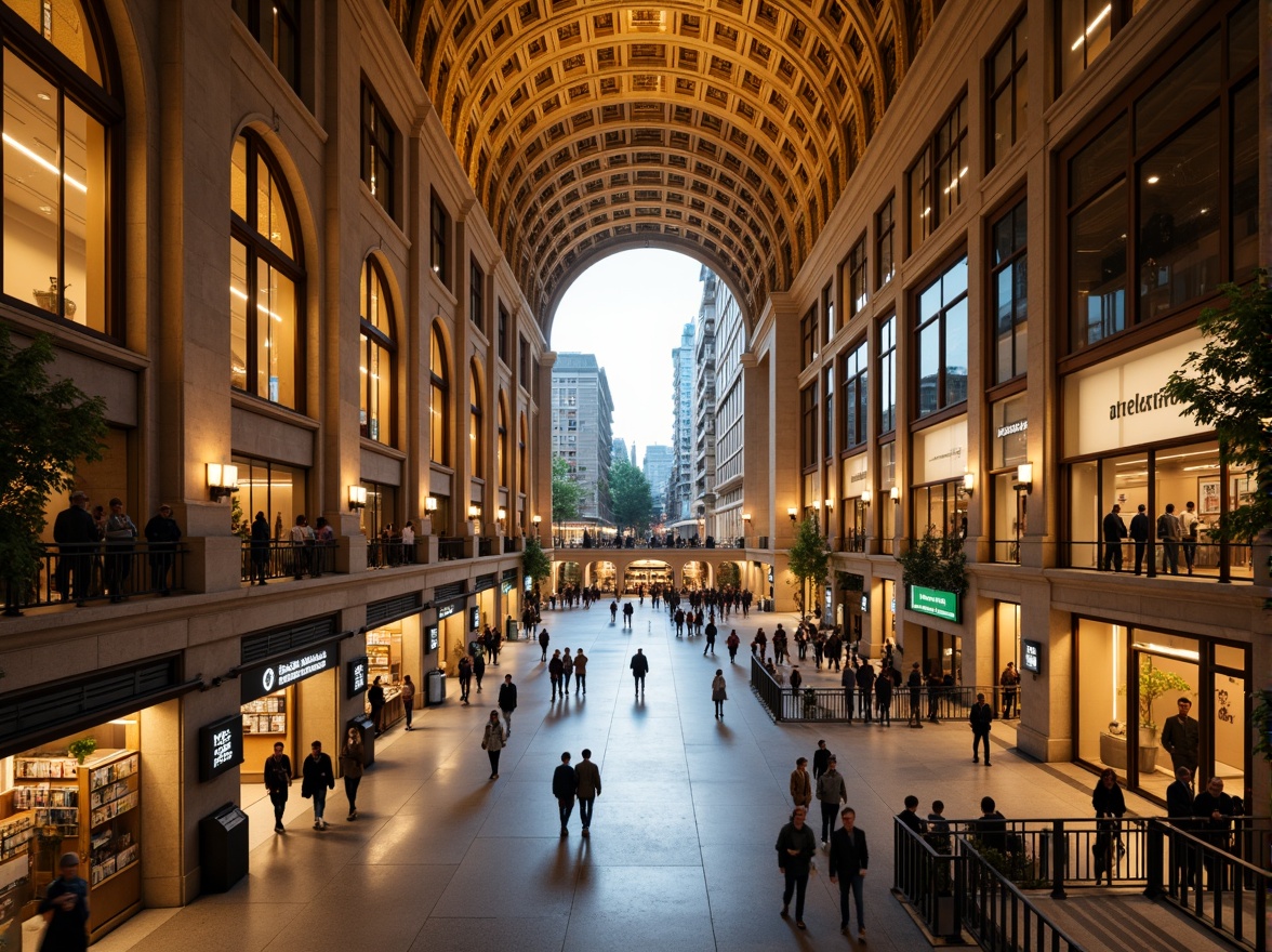 Prompt: Grand metro station, Romanesque archways, ornate columns, vaulted ceilings, intricate stone carvings, warm golden lighting, bustling pedestrian traffic, modern urban infrastructure, sleek glass elevators, stainless steel railings, polished marble floors, vibrant city atmosphere, morning rush hour, soft natural light, shallow depth of field, 1/2 composition, symmetrical framing, realistic textures, ambient occlusion.