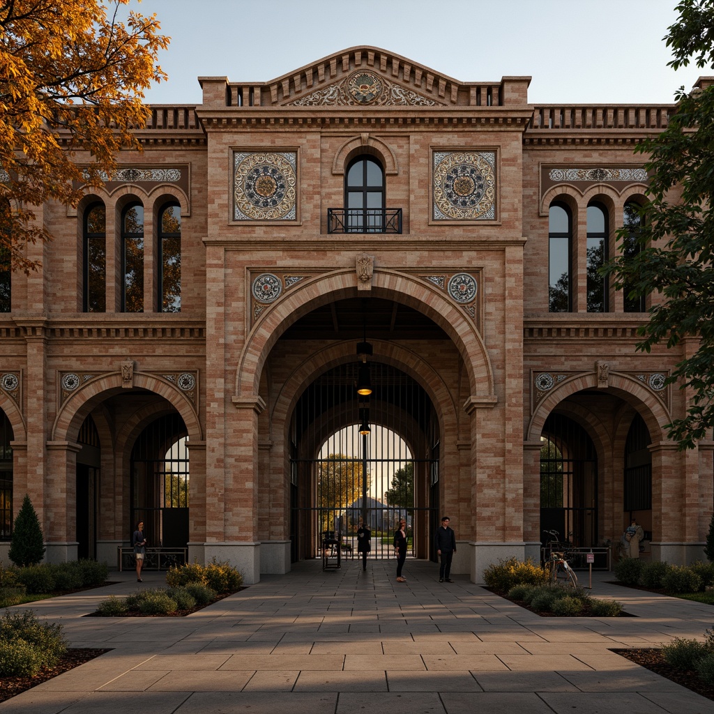 Prompt: Rustic warehouse facade, Byzantine-inspired arches, ornate stone carvings, intricate mosaics, weathered brick textures, industrial metal accents, grand entrance gates, symmetrical composition, warm golden lighting, dramatic shadows, atmospheric fog, 1/1 aspect ratio, realistic material rendering, ambient occlusion.