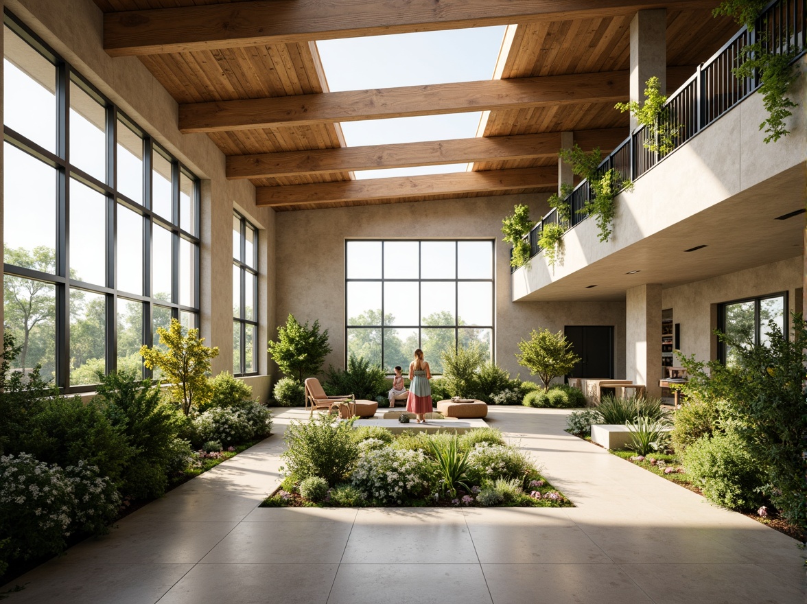 Prompt: Bright open space, large windows, skylights, clerestory windows, natural stone walls, green roofs, lush indoor plants, minimalist decor, soft warm lighting, ambient shadows, 1/1 composition, shallow depth of field, realistic textures, subtle color palette, earthy tones, wooden accents, eco-friendly materials, sustainable design, airy atmosphere, relaxed ambiance.