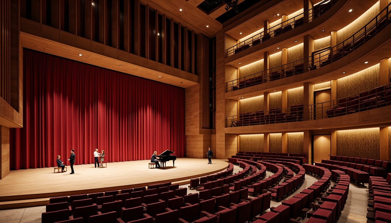 Prompt: Intimate concert hall, rich wood tones, polished marble floors, luxurious velvet seats, ornate golden details, dramatic stage lighting, crimson red curtains, acoustic panels, soundproofing materials, sleek metal railings, grand pianos, state-of-the-art audio equipment, warm ambient glow, soft spotlighting, 1/1 composition, shallow depth of field, realistic textures, ambient occlusion.