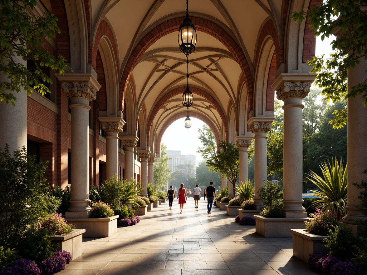 Prompt: Grandiose metro station entrance, Romanesque arches, ornate columns, intricate carvings, lush greenery, vibrant flowers, majestic fountains, natural stone walkways, rustic brick walls, vintage lanterns, warm golden lighting, shallow depth of field, 1/1 composition, symmetrical framing, realistic textures, ambient occlusion, bustling urban atmosphere, morning commute scene.