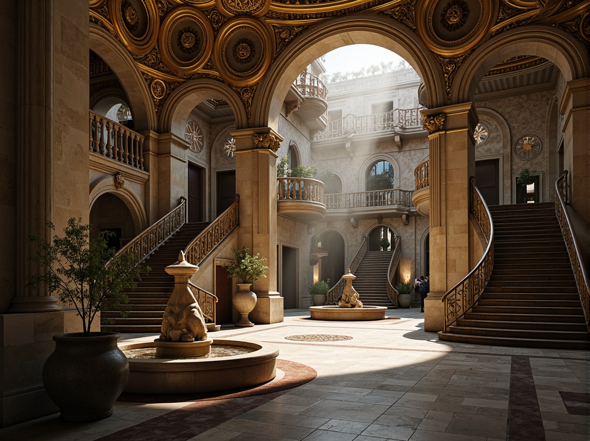 Prompt: Ornate fountains, grand staircases, dramatic archways, sweeping curves, gilded details, marble columns, intricate carvings, ornamental pediments, lavish decorations, opulent materials, rich textures, bold lighting effects, deep shadows, dynamic perspectives, 3/4 composition, atmospheric rendering, highly detailed sculptures, realistic reflections, subtle ambient occlusion.