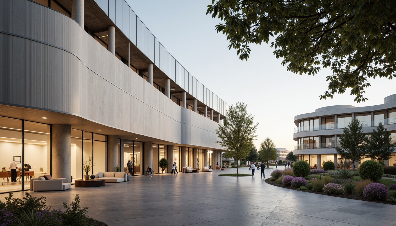 Prompt: Modern hospital building, curved facade lines, angular structural elements, exposed steel beams, glass curtain walls, natural stone cladding, minimalist ornamentation, clean lines, rectangular shapes, functional design, medical equipment, sterile environments, soft warm lighting, shallow depth of field, 3/4 composition, realistic textures, ambient occlusion.