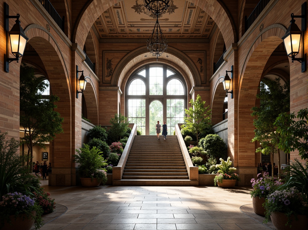 Prompt: Grand metro station, Romanesque arches, ornate columns, intricate stone carvings, lush greenery, vibrant flowers, rustic brick walls, medieval-inspired lanterns, grand staircase, high ceilings, elegant chandeliers, natural light pouring in, soft warm ambiance, shallow depth of field, 3/4 composition, symmetrical view, realistic textures, ambient occlusion.Please let me know if this meets your requirements!