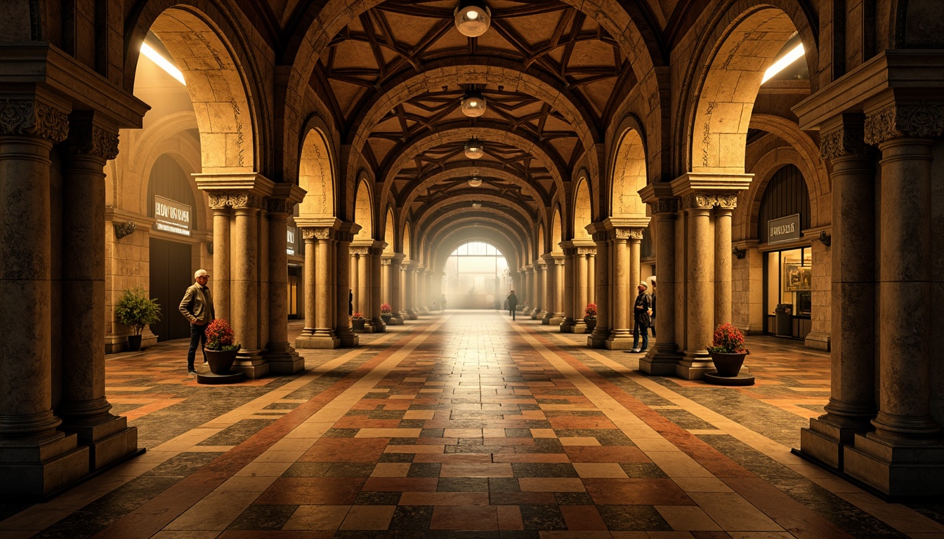 Prompt: Romanesque metro station, grand arched entrances, rusticated stone walls, ornate carvings, intricate masonry patterns, groin vaulted ceilings, ribbed arches, polychromatic marble floors, warm golden lighting, atmospheric mist, cinematic composition, high contrast ratio, dramatic shadows, 3/4 perspective, realistic textures, ambient occlusion.