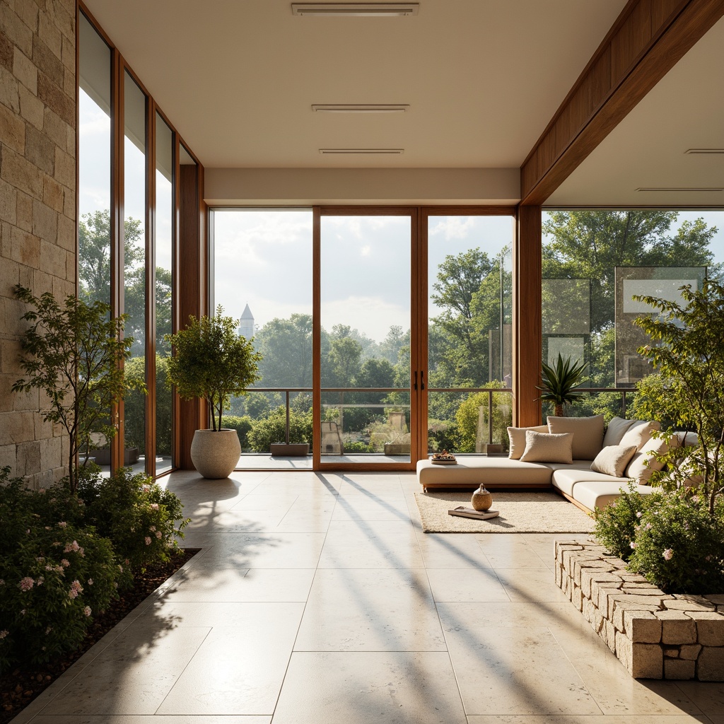 Prompt: Bright airy interior, large windows, sliding glass doors, minimalist decor, polished marble floors, reflective surfaces, soft warm lighting, ambient occlusion, shallow depth of field, 3/4 composition, panoramic view, realistic textures, lush greenery, blooming plants, serene atmosphere, calm ambiance, peaceful environment, natural stone walls, reclaimed wood accents, earthy color palette, organic shapes, effortless elegance.