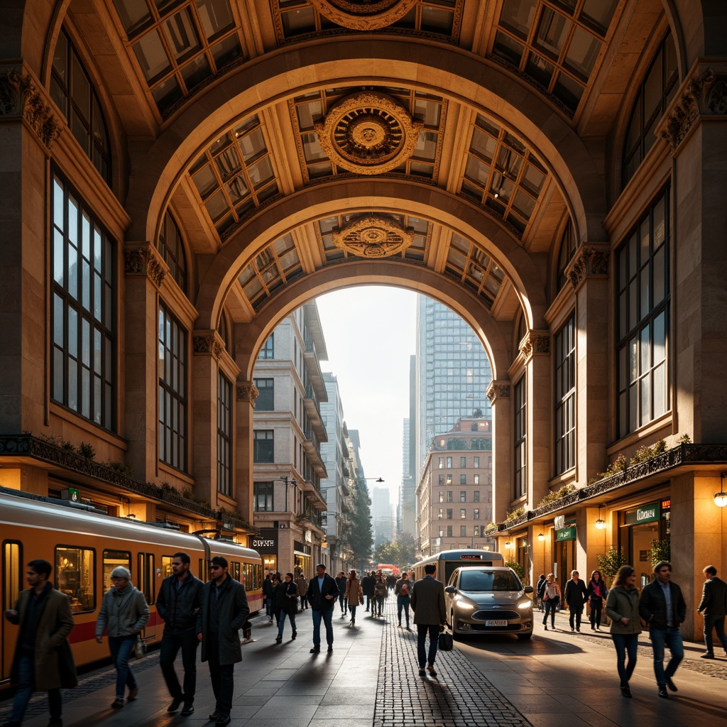 Prompt: Grandiose metro station, Romanesque archways, ornate columns, intricate stone carvings, vaulted ceilings, warm golden lighting, bustling pedestrian traffic, sleek modern trains, industrial metal accents, urban cityscape, morning rush hour, soft natural light, 1/2 composition, cinematic camera angles, realistic atmospheric effects.