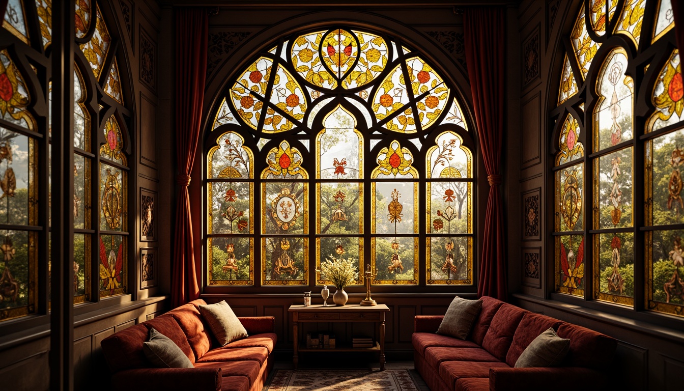 Prompt: Intricate stained glass windows, ornate floral patterns, delicate tendrils, curved lines, organic shapes, rich jewel-toned colors, iridescent effects, textured glass surfaces, subtle light refractions, warm golden lighting, intimate interior spaces, luxurious furnishings, velvet drapes, carved wooden panels, flowing arabesques, symbolic motifs, dreamy ambiance, soft focus, shallow depth of field, 1/2 composition, realistic textures, ambient occlusion.