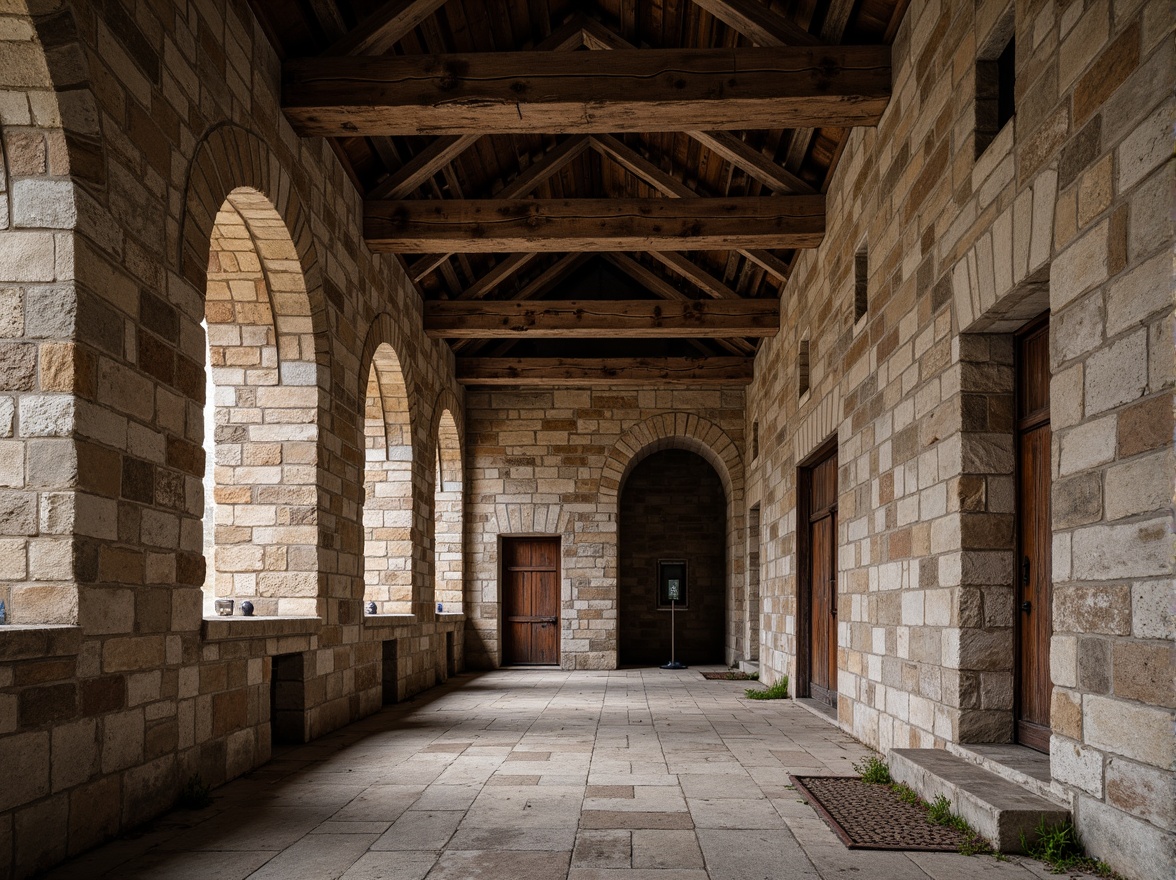 Prompt: Rustic stone walls, ancient masonry techniques, sturdy brick facades, reinforced concrete foundations, ornate arches, vaulted ceilings, Gothic-inspired architecture, weathered limestone surfaces, worn wooden beams, distressed metal accents, ambient natural lighting, dramatic shadows, 1/1 composition, low-angle view, realistic textures, subtle depth of field.