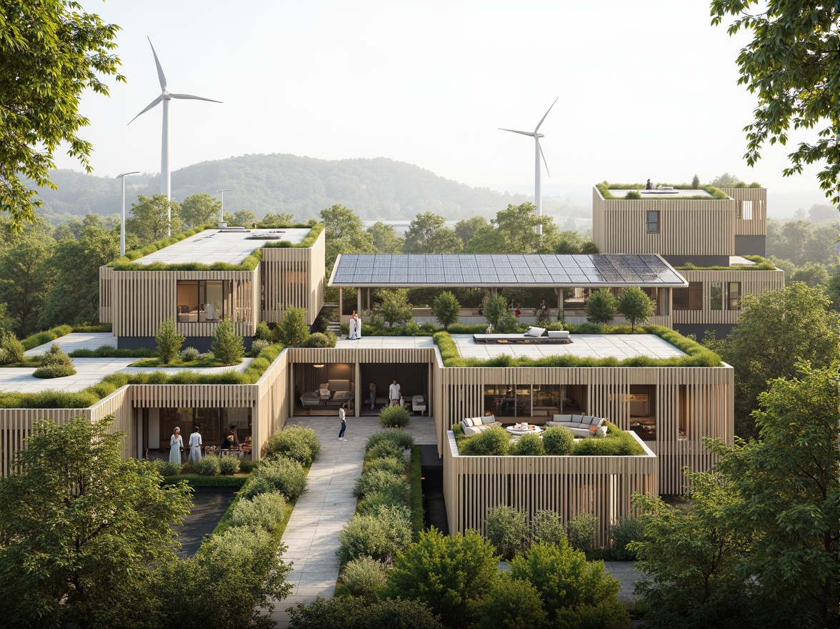 Prompt: Eco-friendly buildings, green roofs, solar panels, wind turbines, water conservation systems, recycled materials, minimalist design, natural ventilation, abundant daylight, living walls, vertical gardens, organic shapes, earthy tones, serene atmosphere, soft diffused lighting, 3/4 composition, panoramic view, realistic textures, ambient occlusion.