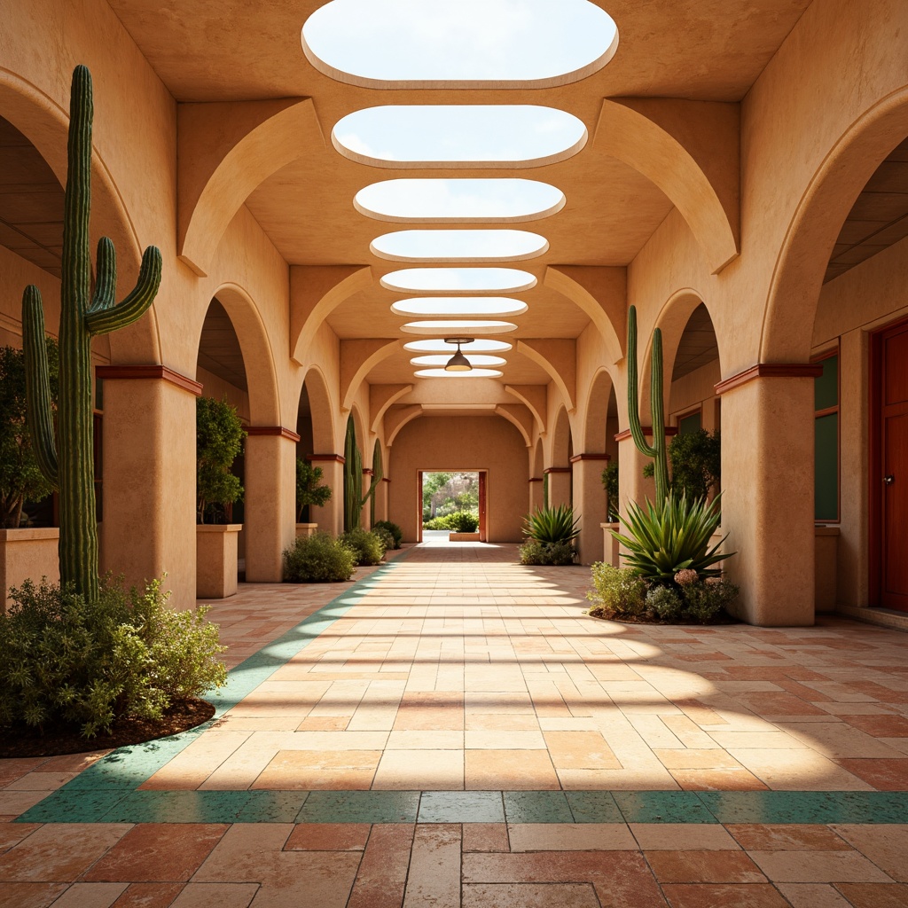 Prompt: Desert-inspired metro station, warm beige walls, sandy brown floors, turquoise accents, vibrant coral hues, rusty metal details, glass tile mosaics, natural stone textures, cactus-shaped columns, undulating archways, modern minimalist architecture, bright skylights, warm ambient lighting, shallow depth of field, 3/4 composition, realistic reflections, ambient occlusion.