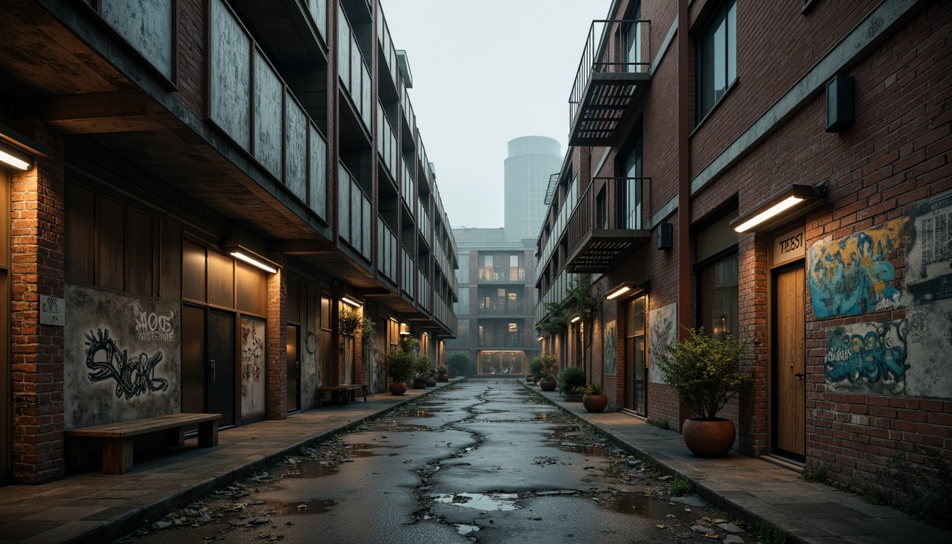 Prompt: \Muted industrial landscape, worn brick walls, rusted metal accents, faded graffiti, old factories, abandoned warehouses, dimly lit alleys, misty morning atmosphere, soft warm lighting, shallow depth of field, 1/2 composition, realistic textures, ambient occlusion, Gainsboro-inspired color palette, earthy tones, muted pastels, industrial grays, weathered wood, rough concrete, distressed finishes.\