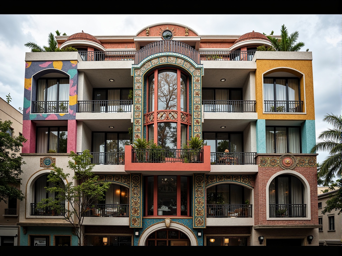 Prompt: Vibrant eclectic building facade, mixed material textures, ornate metalwork, distressed wooden accents, colorful tile mosaics, intricate stone carvings, asymmetrical composition, dynamic architectural forms, bold color blocking, ornamental cornices, decorative balconies, filigree patterns, Islamic-inspired arches, Art Nouveau curvatures, Victorian-era details, urban cityscape background, cloudy day with soft lighting, shallow depth of field, 1/1 composition, realistic render.