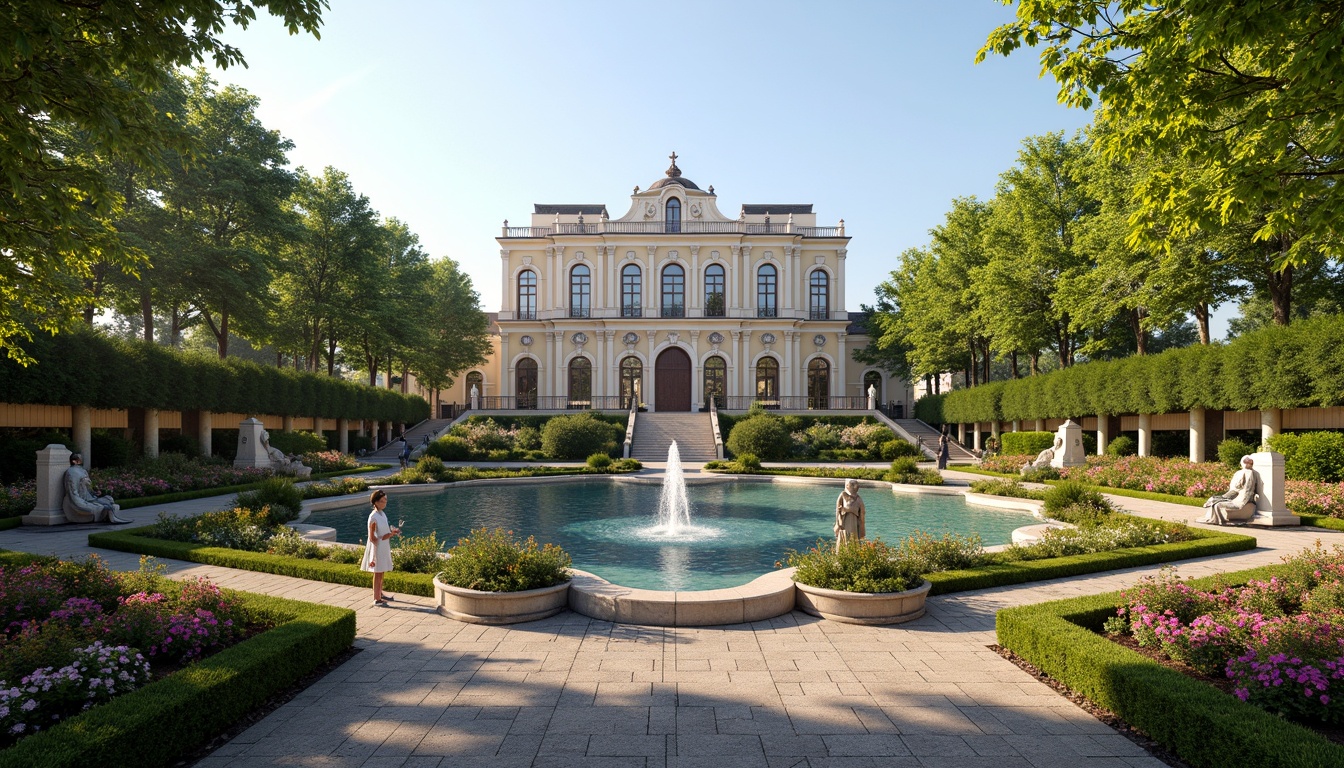 Prompt: Ornate Baroque palace, lavish fountain features, manicured hedges, blooming flowerbeds, statuesque sculptures, meandering walkways, ornamental gardens, natural stone pavers, symmetrical layouts, vibrant greenery, sunny afternoon, soft warm lighting, shallow depth of field, 3/4 composition, panoramic view, realistic textures, ambient occlusion.