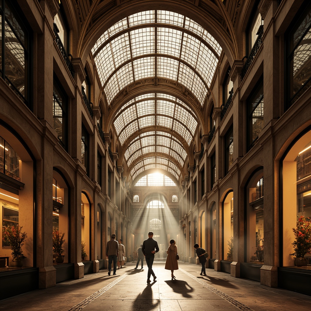 Prompt: Grandiose shopping arcade, ornate archways, ribbed vaults, stained glass ceilings, intricate stone carvings, majestic columns, floral patterns, warm golden lighting, soft shadows, dramatic verticality, atmospheric mist, 3/4 composition, symmetrical framing, realistic textures, ambient occlusion.