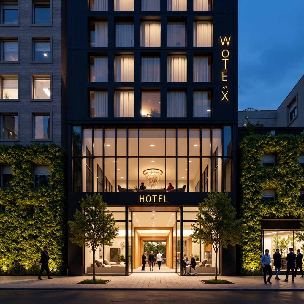 Prompt: Luxurious hotel facade, grand entrance, ornate details, symmetrical composition, neutral color palette, large glass windows, metallic frames, modern minimalist architecture, vertical green walls, urban cityscape, busy street scene, dramatic nighttime lighting, shallow depth of field, 2/3 composition, realistic reflections, ambient occlusion.