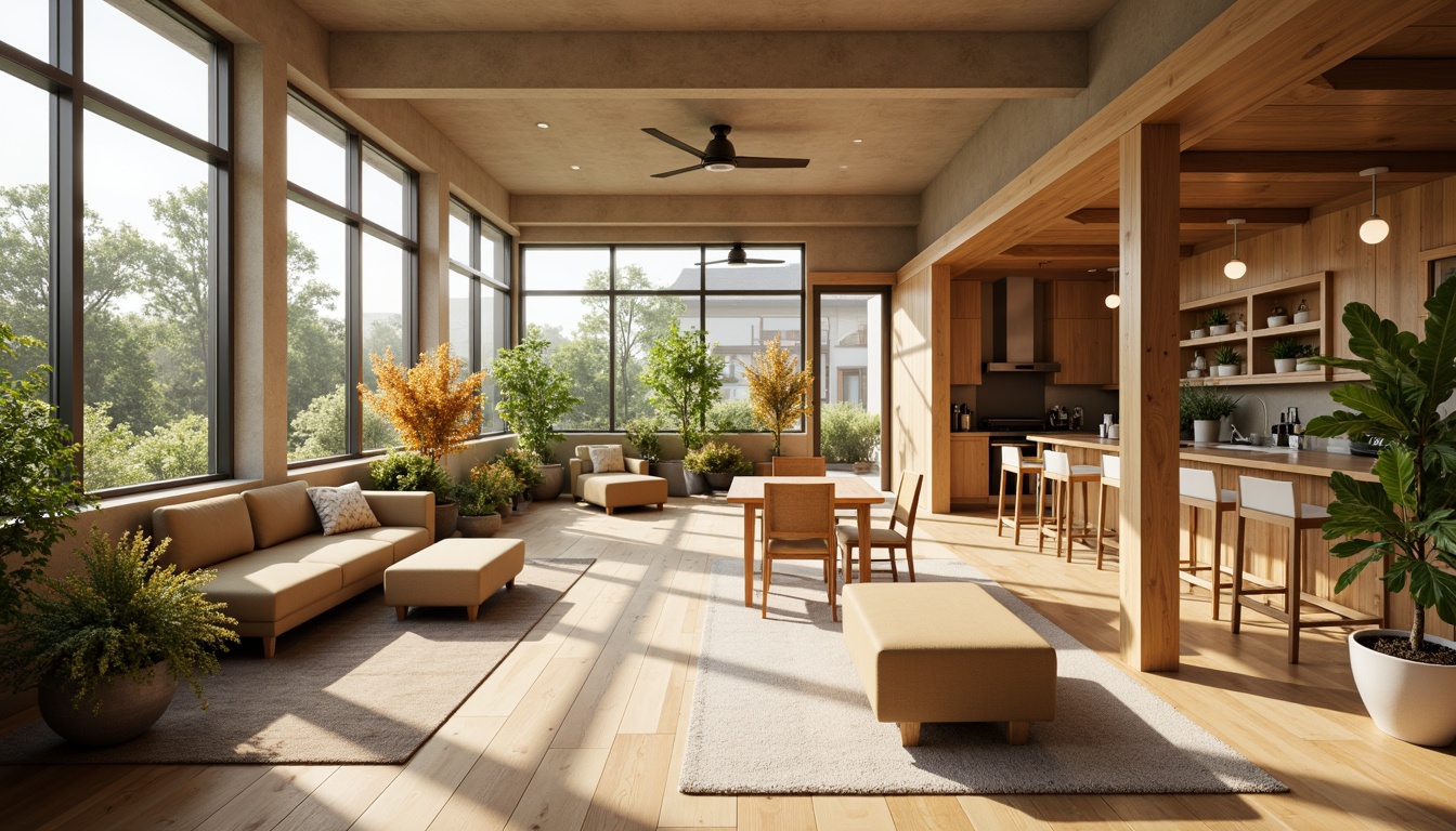 Prompt: Cozy student lounge, modern minimalist furniture, warm beige tones, comfortable seating areas, communal kitchenette, sleek appliances, wooden dining tables, vibrant greenery, natural light pouring in, soft warm lighting, 3/4 composition, shallow depth of field, realistic textures, ambient occlusion.