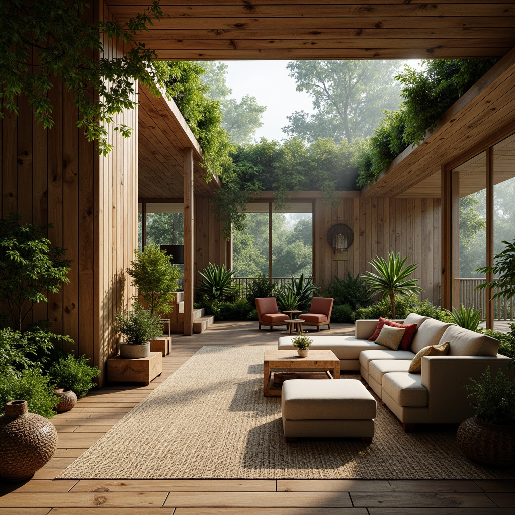 Prompt: Organic architecture, earthy tones, natural stone walls, reclaimed wood accents, living green roofs, bamboo flooring, woven rattan furniture, earthy scent, lush vegetation, misty atmosphere, soft warm lighting, shallow depth of field, 1/2 composition, realistic textures, ambient occlusion.