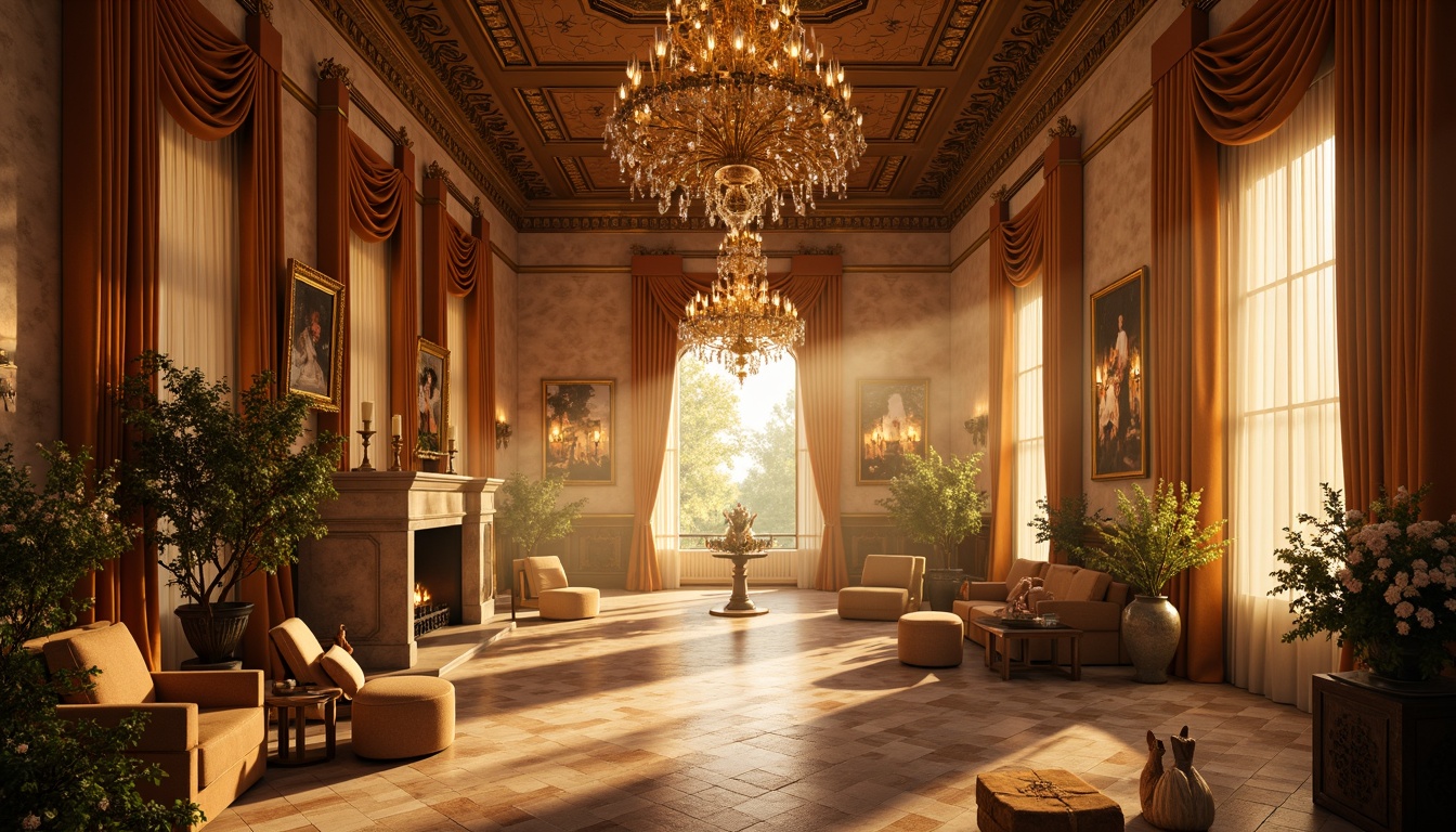 Prompt: Soft warm glow, lavish curtains, ornate chandeliers, grand ballrooms, marble floors, crystal candelabras, golden accents, lush greenery, blooming flowers, delicate lace, velvet drapes, intricate moldings, distressed wood tones, rustic stone walls, cozy fireplaces, crackling flames, warm candlelight, romantic ambiance, dreamy atmosphere, ethereal quality, soft focus, shallow depth of field, 1/2 composition, golden hour lighting.