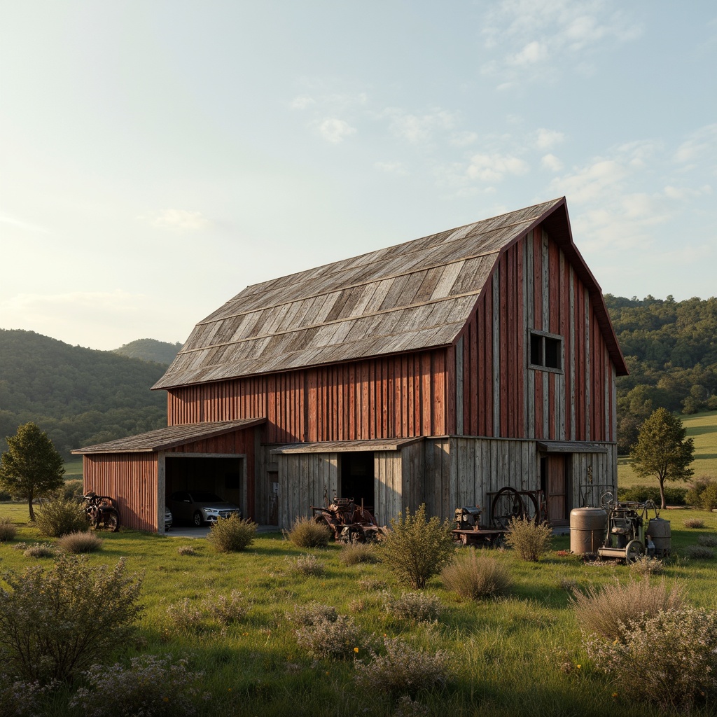 Prompt: Rustic barn, weathered wood, earthy tones, natural textures, distressed finishes, vintage agricultural equipment, rolling hills, countryside landscape, serene atmosphere, warm soft lighting, shallow depth of field, 3/4 composition, panoramic view, realistic renderings, ambient occlusion, muted color palette, earthy reds, mossy greens, sky blues, creamy whites, worn wooden planks, corrugated metal roofs, rural settings, nostalgic feel, aged patina, subtle contrast.