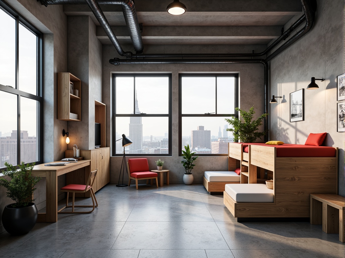 Prompt: Minimalist dorm rooms, functional furniture, space-saving solutions, industrial materials, exposed pipes, concrete walls, steel beams, geometric shapes, primary color accents, monochromatic palette, compact storage units, multi-functional desks, foldable chairs, minimalist decor, ample natural light, large windows, urban views, modern cityscape, high-contrast lighting, dramatic shadows, 1/1 composition, symmetrical framing, realistic textures, subtle ambient occlusion.