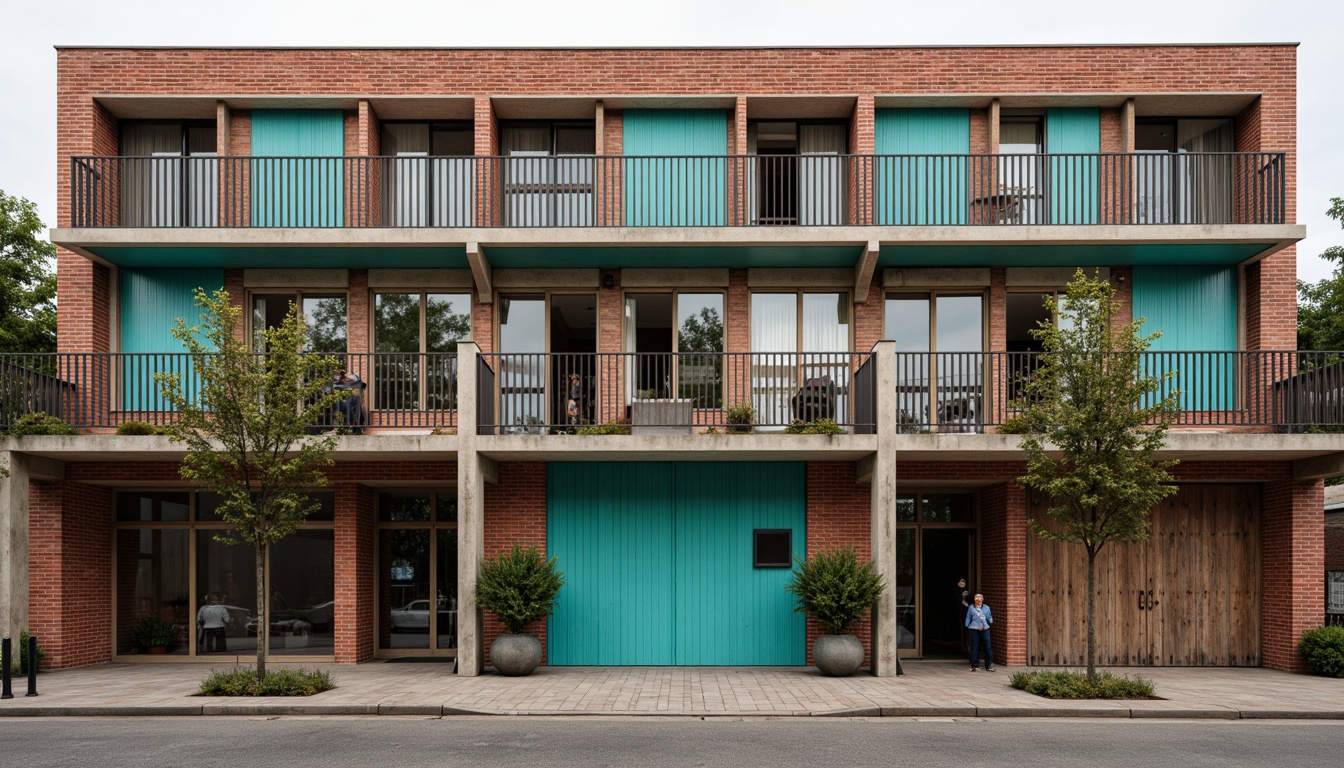 Prompt: Rustic brick fa\u00e7ade, ornate concrete ornaments, asymmetrical composition, bold geometric patterns, vibrant turquoise accents, dynamic diagonal lines, functionalist architecture, industrial-style metal railings, weathered wooden doors, distressed stone walls, eclectic mix of textures, warm earthy tones, overcast sky, soft diffused lighting, shallow depth of field, 2/3 composition, realistic render, ambient occlusion.