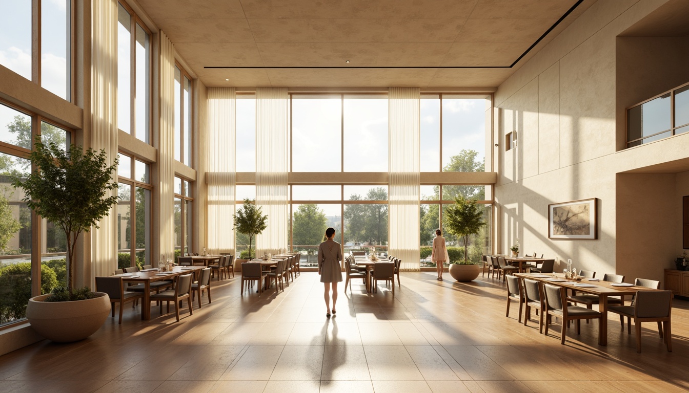 Prompt: Spacious dining hall, high ceilings, large windows, sliding glass doors, minimal window frames, transparent curtains, reflective surfaces, polished wooden floors, cream-colored walls, modern minimalist decor, abundant natural light, warm sunny day, soft diffused lighting, 1/1 composition, shallow depth of field, realistic textures, ambient occlusion.