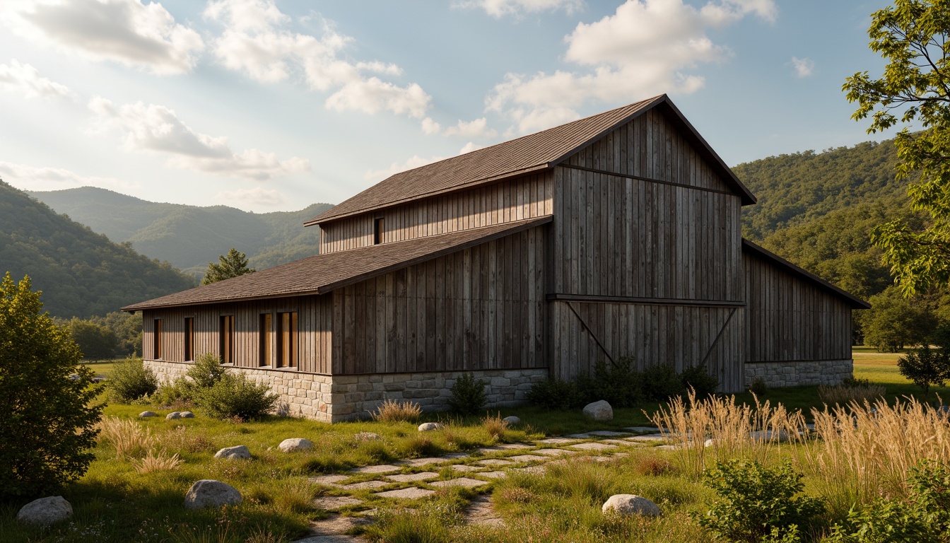 Prompt: Rustic barn, weathered wooden planks, earthy brown tones, muted greenery, vintage metal accents, distressed textures, natural stone foundations, rolling hills, serene countryside, warm sunny day, soft diffused lighting, high contrast ratio, 3/4 composition, atmospheric perspective, realistic wood grain, subtle chromatic aberration.