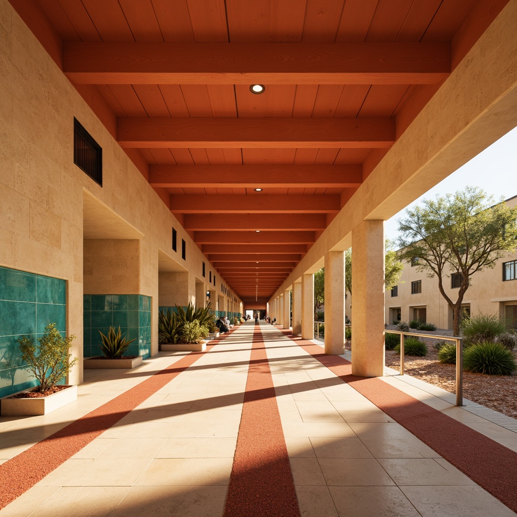 Prompt: Vibrant desert metro station, warm beige walls, sandy dune-inspired flooring, terracotta red accents, turquoise glass tiles, natural stone columns, minimalist modern architecture, sleek metal railings, abstract cactus patterns, soft warm lighting, shallow depth of field, 3/4 composition, panoramic view, realistic textures, ambient occlusion.