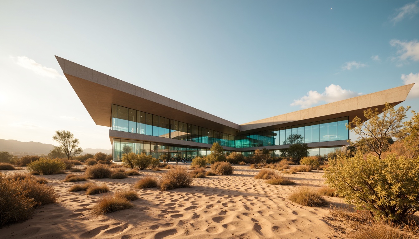 Prompt: Arid desert landscape, sandy dunes, cactus silhouettes, warm beige tones, earthy terracotta hues, vibrant turquoise accents, metallic silver details, industrial concrete textures, modern angular architecture, sleek glass facades, futuristic LED lighting, dynamic motion blur, shallow depth of field, 3/4 composition, panoramic views, realistic atmospheric effects, ambient occlusion.