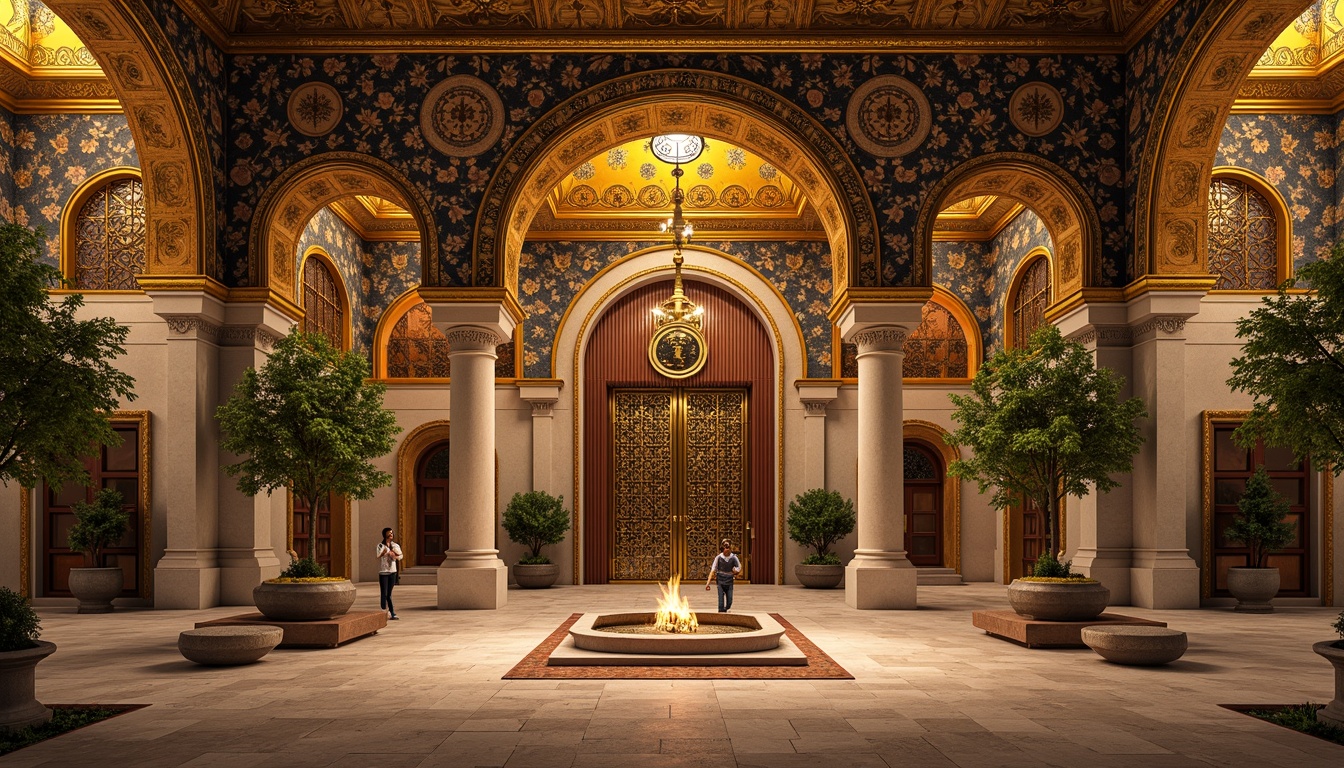 Prompt: Intricate Byzantine fa\u00e7ade, ornate arches, golden domes, vibrant mosaics, richly textured stone walls, ornamental columns, grand entranceways, majestic doorways, intricate carvings, luxurious metallic accents, warm golden lighting, shallow depth of field, 1/2 composition, symmetrical balance, ornate detailing, ambient occlusion, realistic textures.